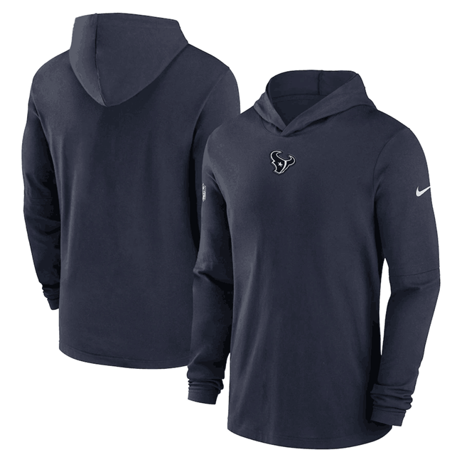 Men's Navy Houston Texans Sideline Performance Long Sleeve Hoodie T-Shirt